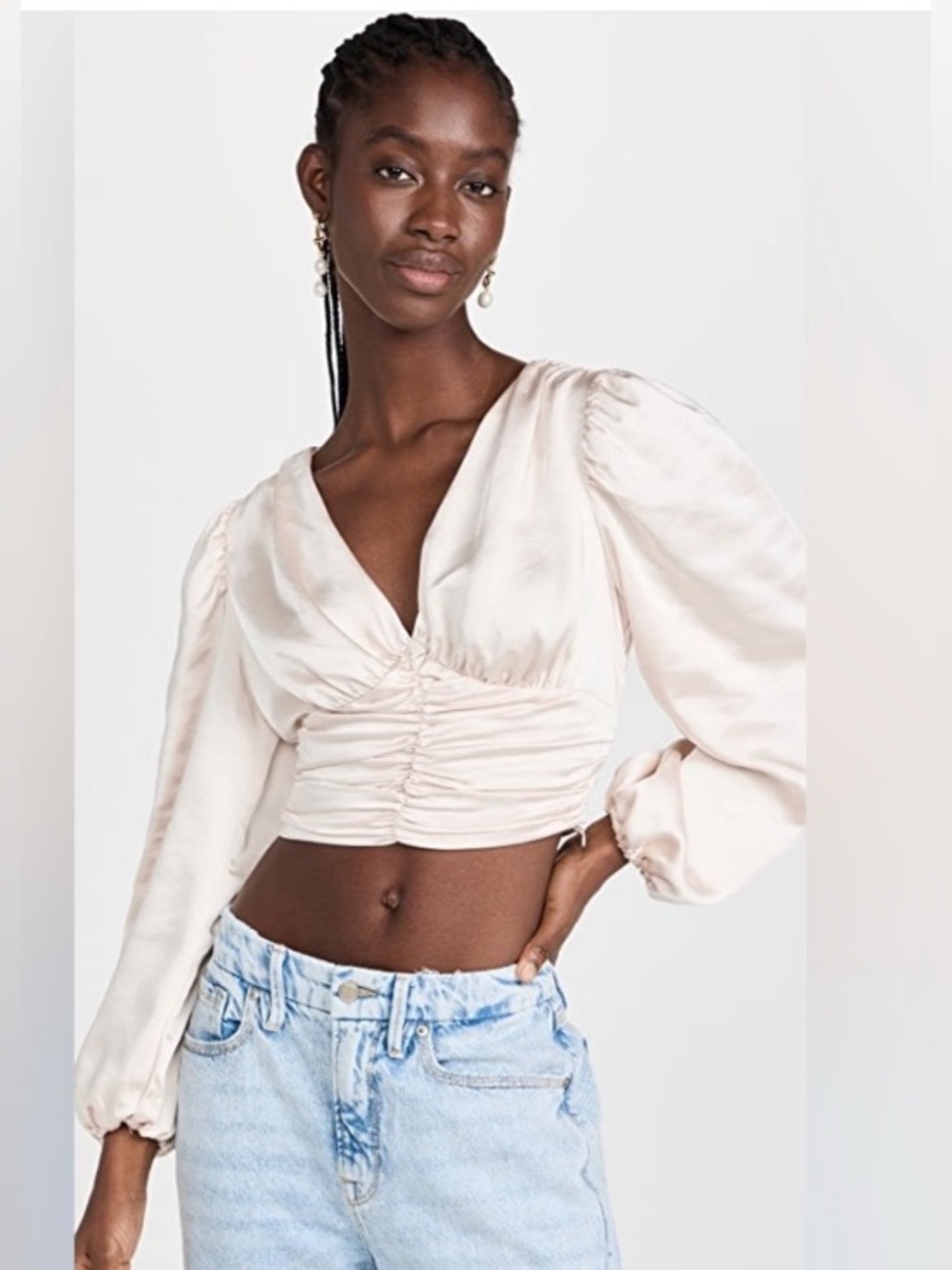 Forever 21 Satin Ruched V-Neck Crop Top - Cream